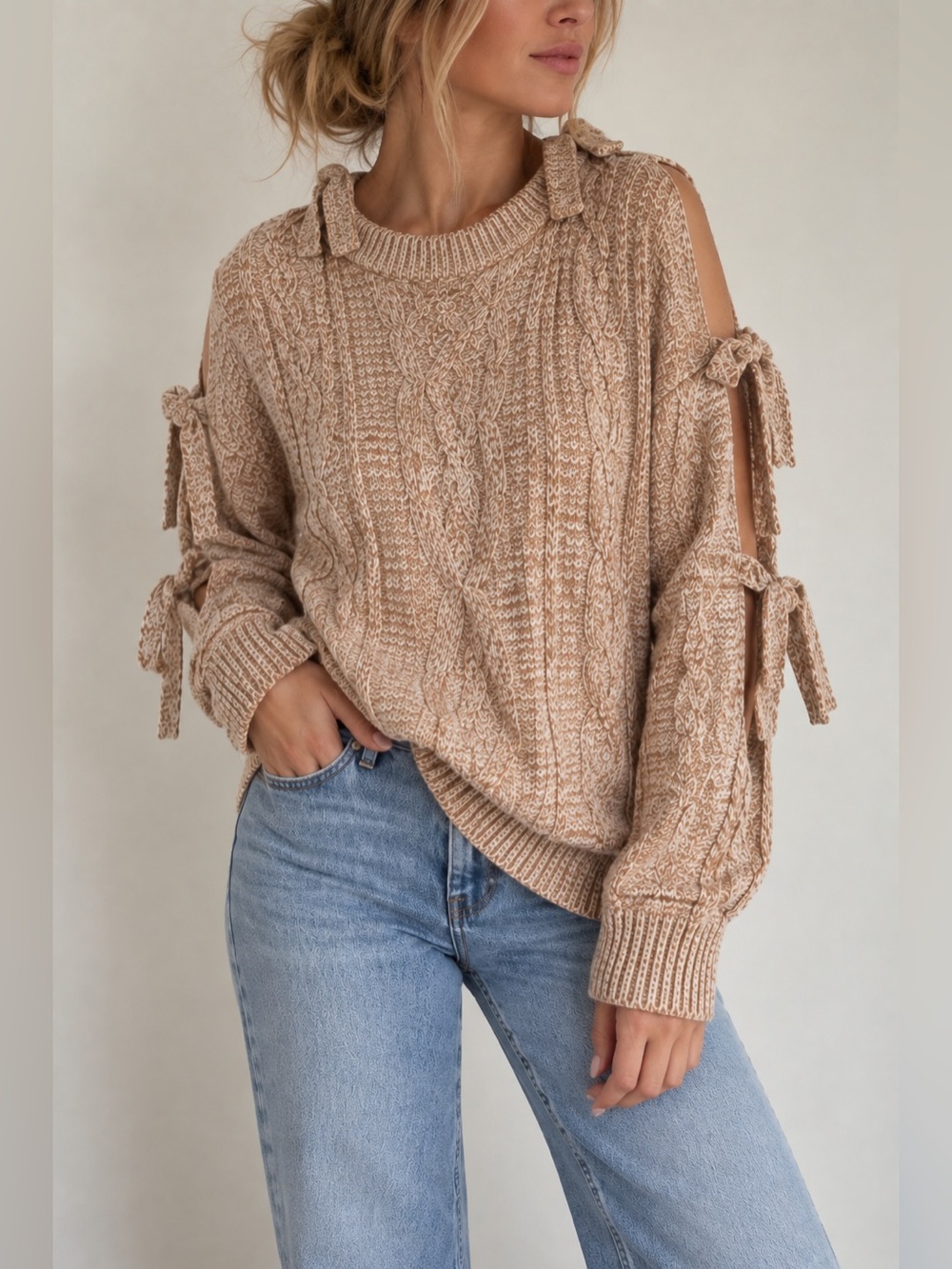 Project NAADAM Beige Cable Knit Cold Shoulder Tie Sleeve Sweater M NWOT